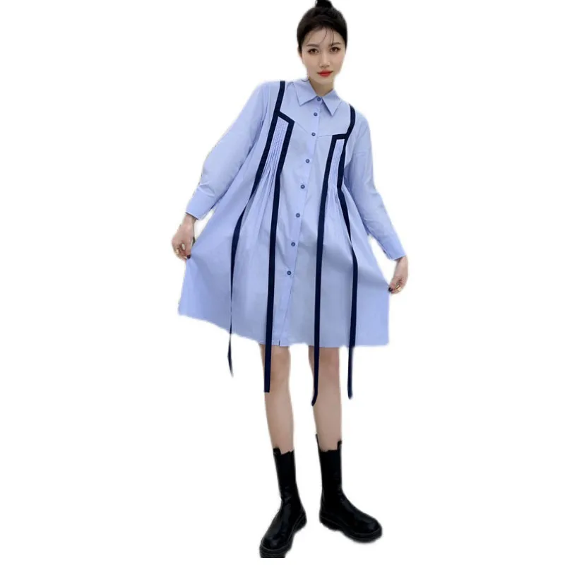 

LANMREM 2021 Spring Women's Long Shirt Plus Size Blue Color Turn Down Collar Casual Top Long Sleeve Button Female Shirt 2D1372