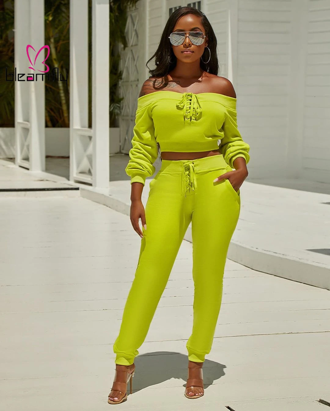 2019 женский осенний костюм на шнуровке с открытыми плечами и вырезом лодочкой топ