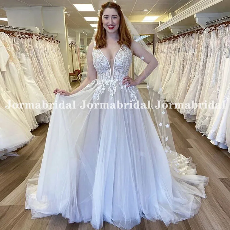 

Elegant A-line Wedding Dresses Lace Appliques Tulle Boho Wedding Gowns Backless Bride Dress 2021 Sweep Train vestidos de novia