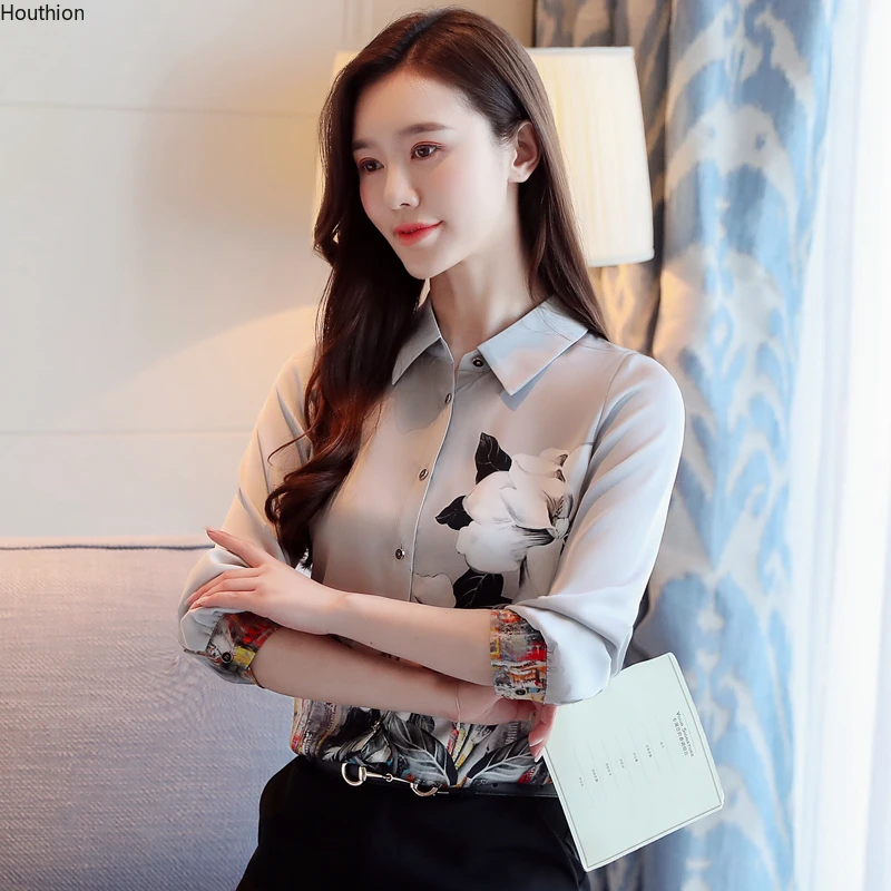 

Summer New Women's Blouses Polo Shirt Long Sleeve Top Printing Satin Casual Fashion Loose Female Clothing Houthion
