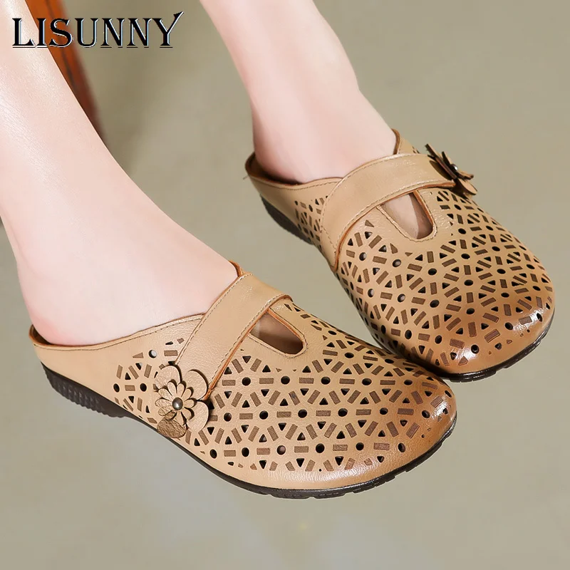 

LISUNNY 2020 Summer Women Shoes Retro Sandals Genuine Leather Handmade Flower Flat Heels Comfotable Women Slides