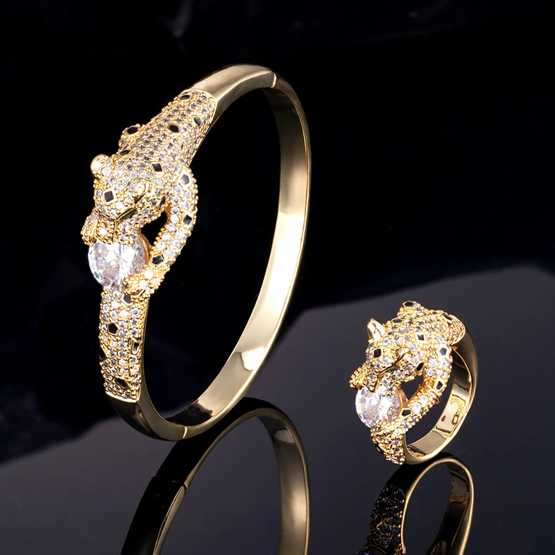 

Luxury AAA cubic zircon leopard shape set woman 2 pieces wedding bracelet ring set men's brand enamel copper bangle set jewelry