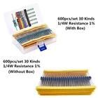 Набор металлических пленочных резисторов 600 шт.лот 14 Вт, набор резисторов 1%, набор резисторов в ассортименте, 10 -1 м ом, Ом, упаковка сопротивления 30 значений по 20 шт.