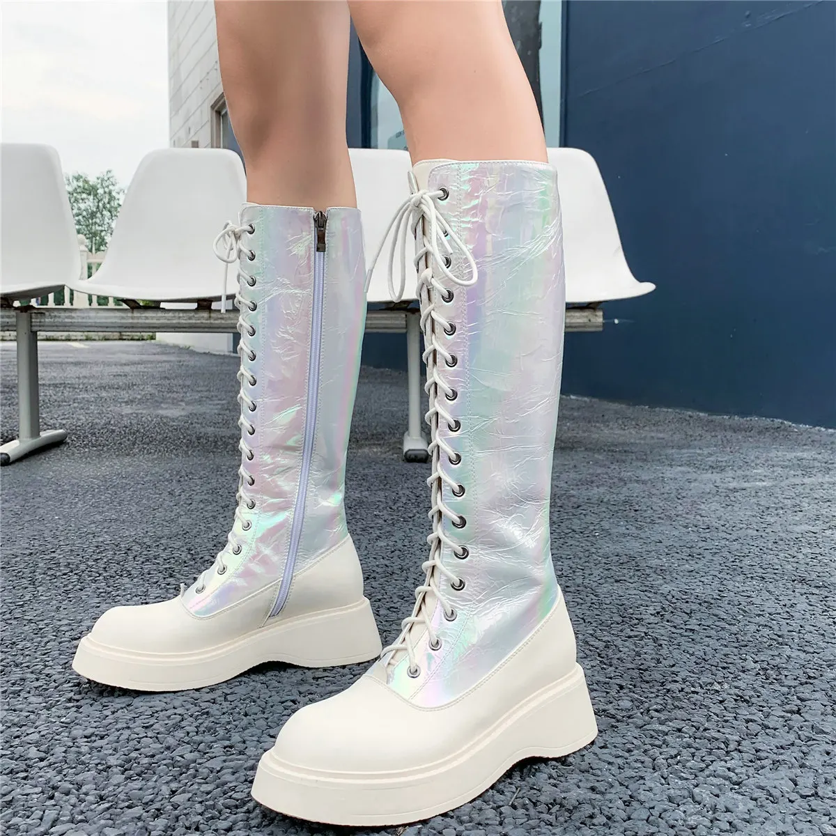 

Casual Shoes Womens Lace Up Genuine Leather Knee High Motorcycle Boots Female Wedges High Heel Round Toe Platform Pumps Shoes