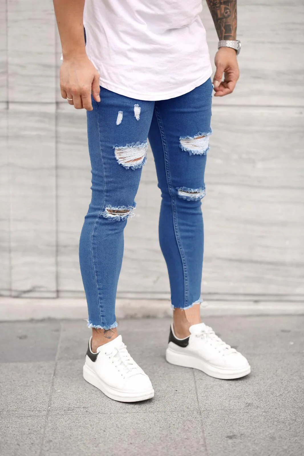 

Pantalones Vaqueros Vetement Homme 2020 Moda Hombre Jean Hombre Light Blue Ripped Stretch Skinny Jeans Streetwear Men Fashion