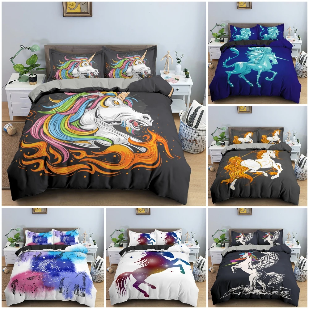 

2/3PCS 3D Unicorn Pattern Quilt / Duvet Cover Cartoon Animal Bedding Set Luxury Soft Bedclothes With Pillowcase Twin Full King