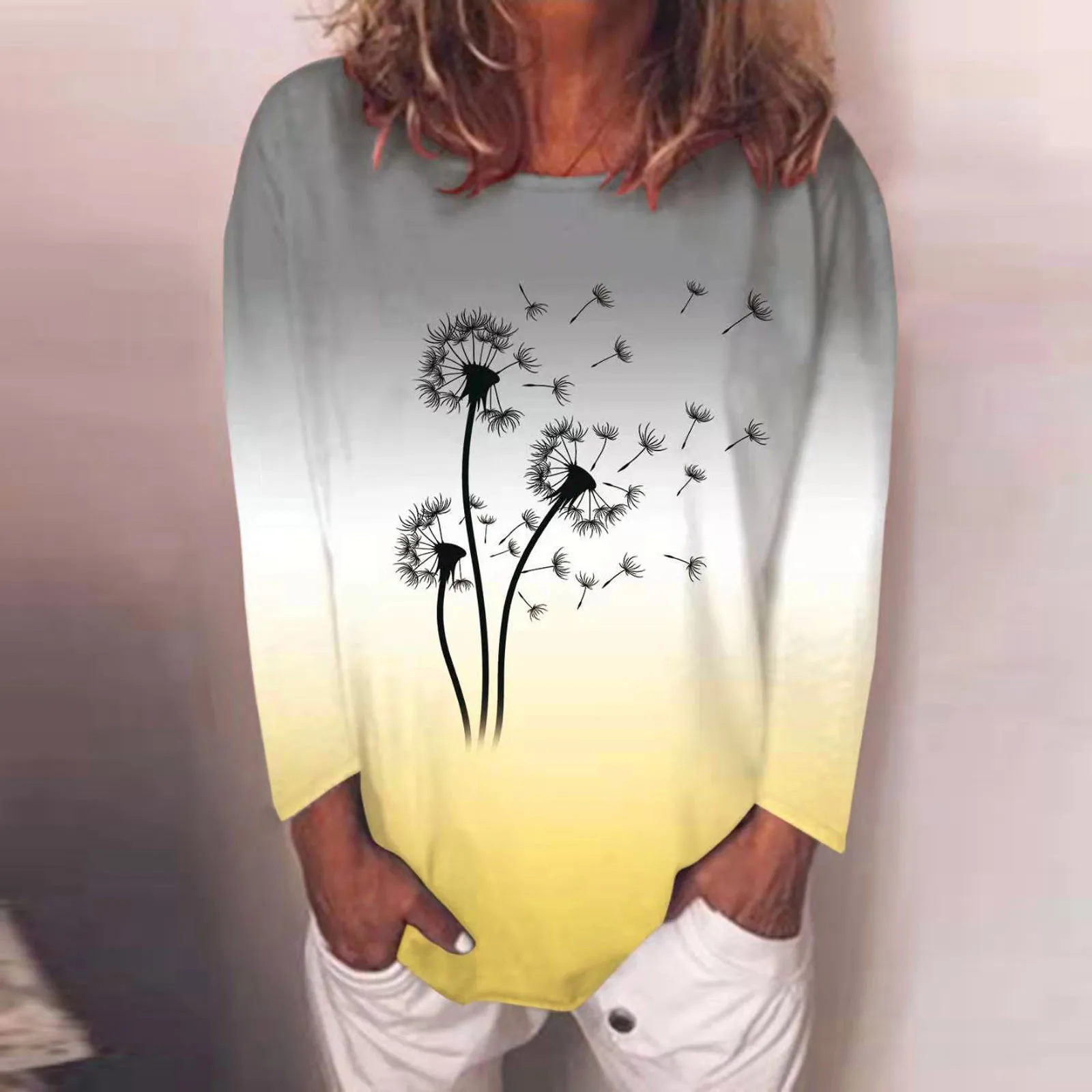 

Женская Футболка с длинным рукавом, круглым вырезом и градиентным принтом