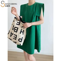 women summer dress sleeveless female one piece mini a line round neck short padded shoulder zipper green elegant cozy casual b2y