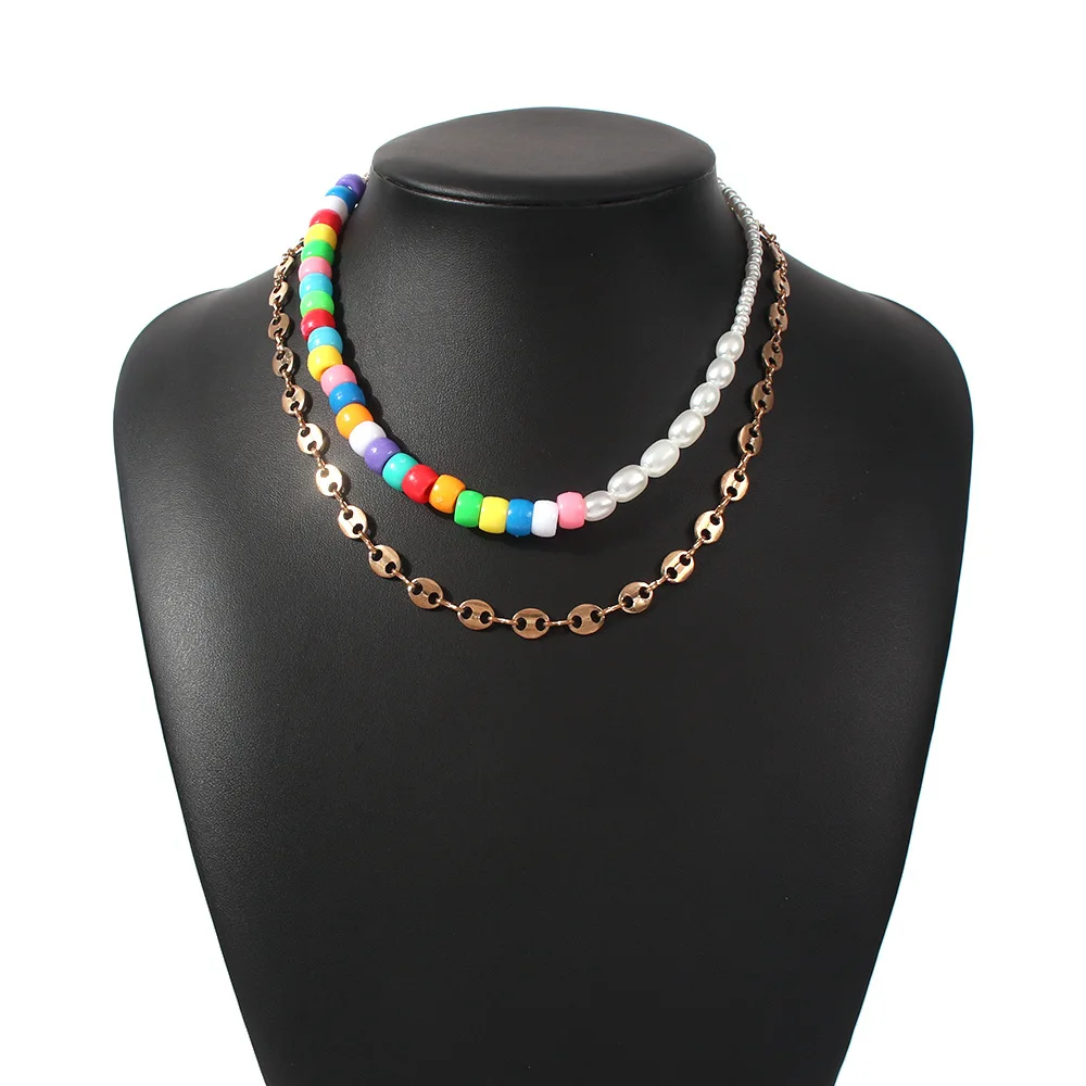 

Gothic Nose Chains Link Necklace for Women Bohemia Gold Color 2Pcs Layered Choker Colorful Acrylic Beads Imiation Pearl Necklace