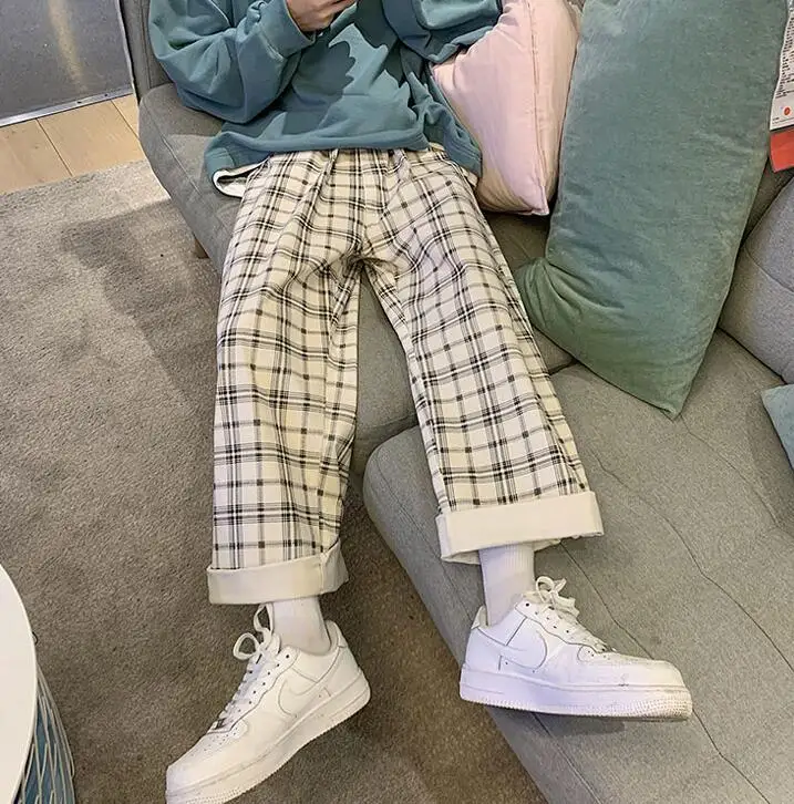 Брюки женские клетчатые с широкими штанинами повседневные свободные штаны в