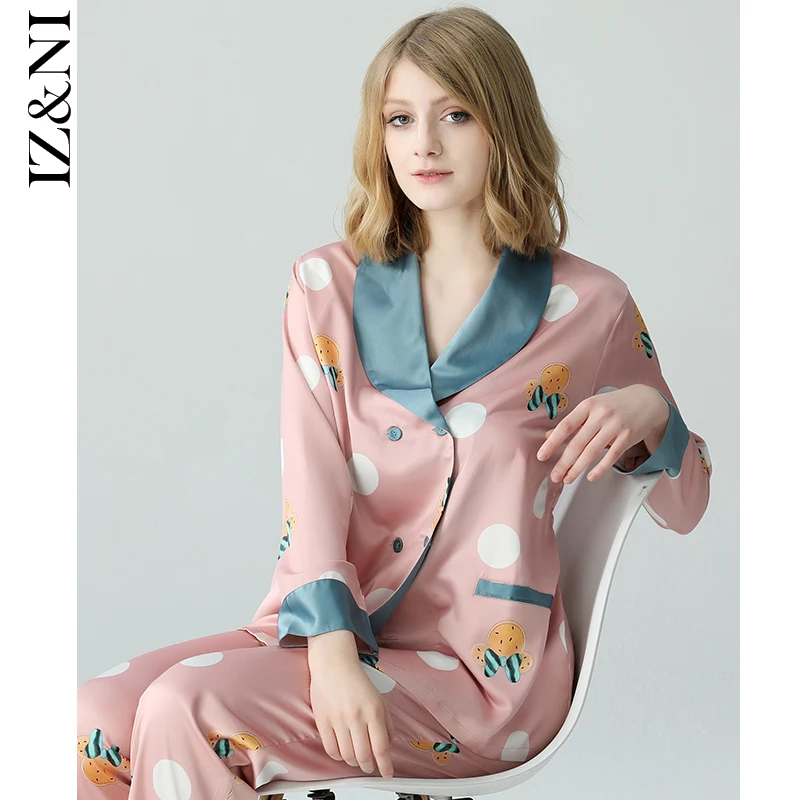 

★IIZZINI original pajamas women fall long-sleeved ice silk flower double-breasted luxury trousers leisurewear suit
