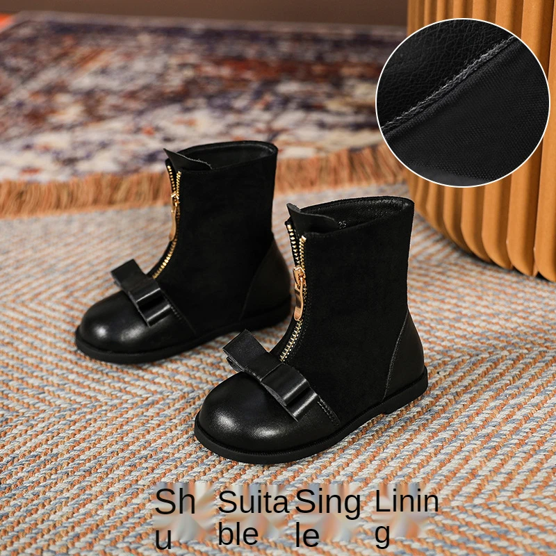 

2021 New Girl Boots Children's Short Boots Autumn and Winter British Style Catwalk Black Cotton Boots Girls Winter Boots