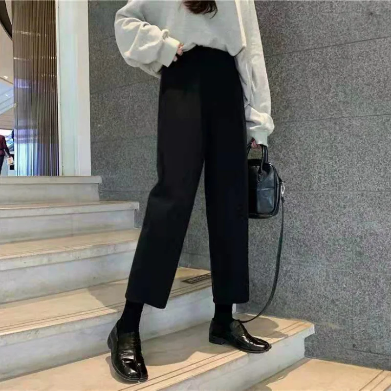 

Woolen Pants Women Leisure Plus Size 3XL Loose Chic Ins Harajuku Unisex Daily Straight Trousers Simple Winter Elastic Waist New