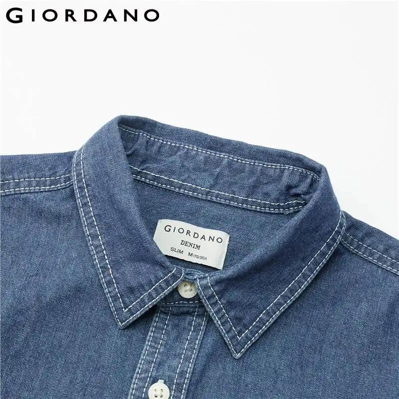 Giordano Men Shirts Dropped Shoulder Cargo Denim Shirt Classic Collar Long Sleeves Casual Shirts 01041113
