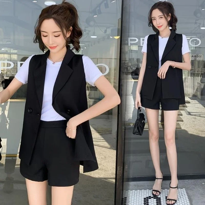 

Women Three-Piece Suit Vest Coat and Shorts Suit Solid Color Waistcoat Single Button Black Sleeveless Blazers with Shorts Y809