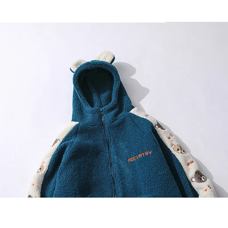

Aolamegs Side Color Block Bear Embroidery Lambswool Coat Winter Jacket Men Cute Ear Cap Soft Cozy College Style Youth Streetwear