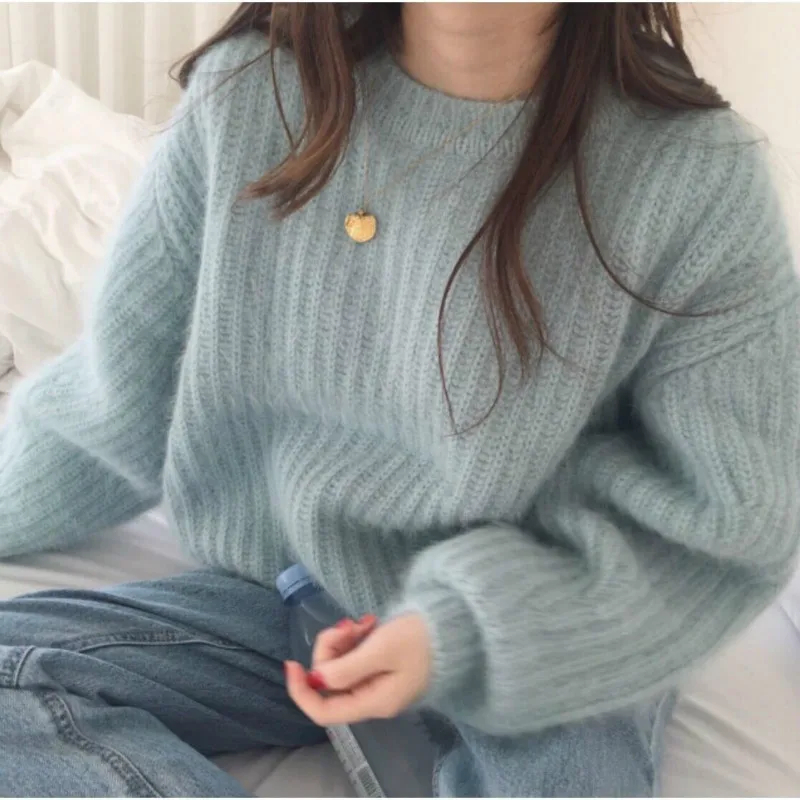 

2021 Women Autumn Winter Elegant Pullover Sweater Ladies O-neck Loose Mohair Blouses Female Long Sleeve Solid Casual Shirts D73