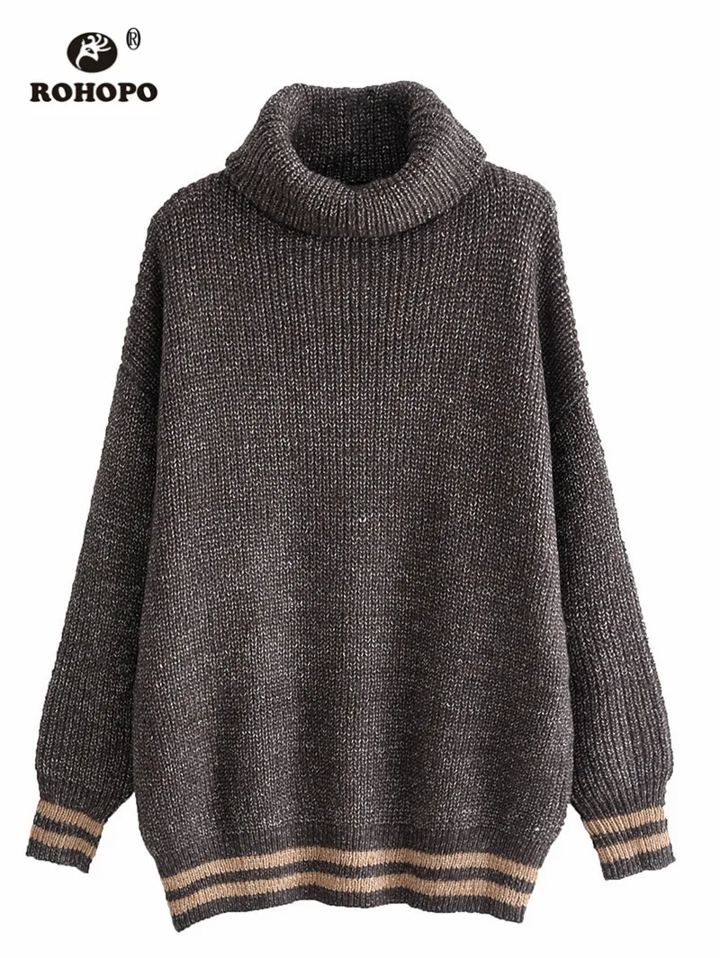 ROHOPO Scarf Collar Pullover Knitted Sweater Long Sleeve Striped Hem and Cuff Autumn/Winter Loose Sweaters #1826 | Женская одежда