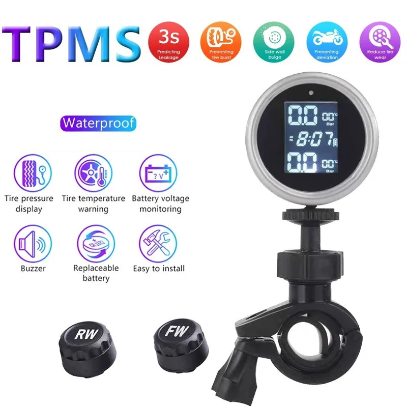 

Motorcycle Tpms For Motorbike Tire Pressure Monitoring System Wireless Tyre Temperature Alarm System With 2 External Sensors
