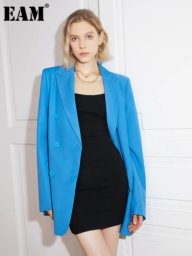 

[EAM] Women Double Breasted Big Size Blazer New Lapel Long Sleeve Loose Fit Jacket Fashion Tide Spring Autumn 2022 1DE3505