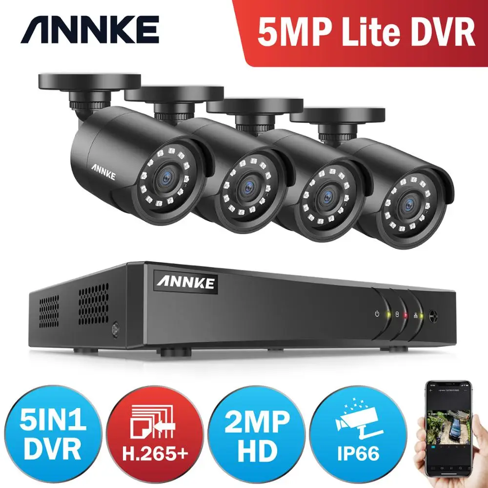 Дешево Система видеонаблюдения ANNKE 8CH 2MP HD H.265 + 5 В 1 5MP Lite DVR с 4 водонепроницаемыми камерами 1080P