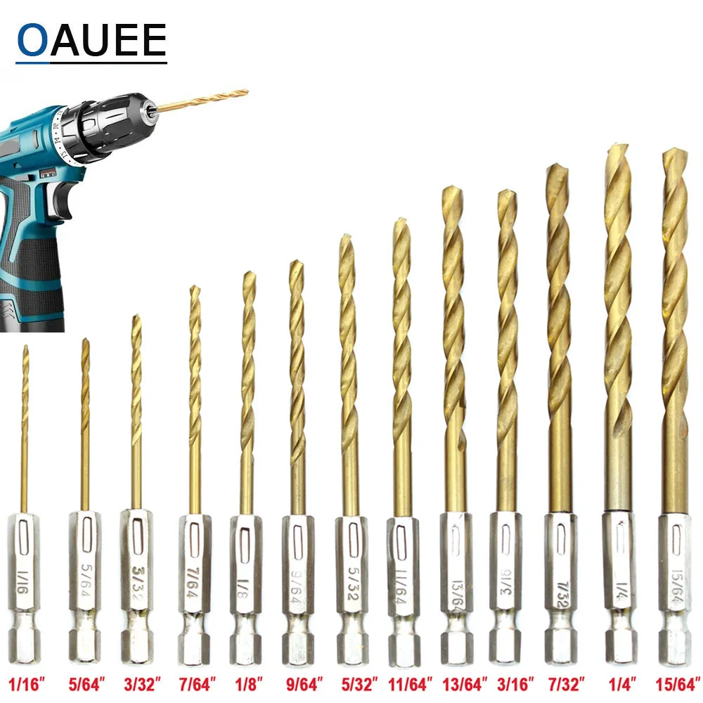

Oauee 13pcs/lot HSS High Speed Steel Titanium Coated Drill Bit Set 1/4 Hex Shank 1.5-6.5mm Twist Drill bit makita drill bit set