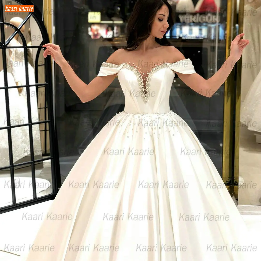 

Gorgeous White Satin Wedding Dress Pearls Beading 2021 Vestidos De Novia Court Train Bridal Gowns Custom Made Vestido Casamento