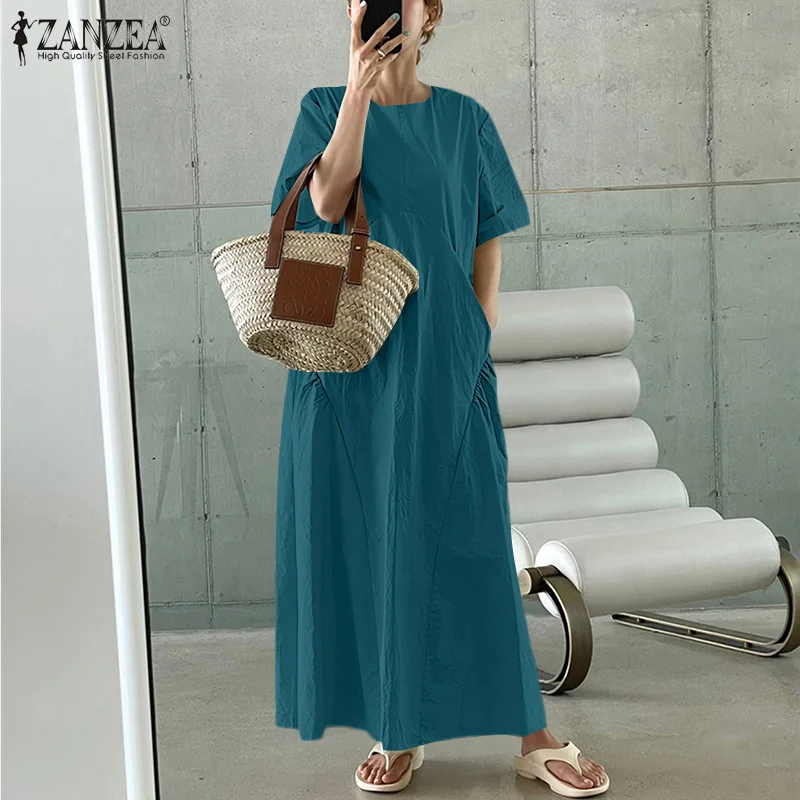 

ZANZEA Female Clothing Faldas Largas 2021 Women Summer Short Sleeved Pocket Kaftan Robe O-Neck Long Dress Casual Loose Dresses