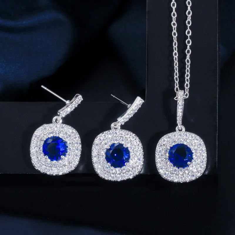 Blue CWWZircons, Брендовое роскошное ожерелье, кулон и серьги, модный желтый кубический цирконий, ювелирный набор T022 - Окраска металла: Blue