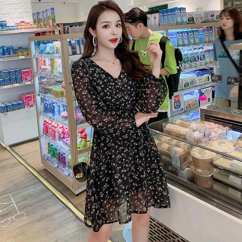 Шифоновое мини-платье Осеннее винтажное повседневное шикарное черное платье с