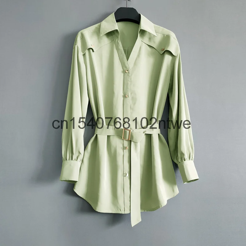 

Avocado Green Long Sleeve Shirt women's middle length 2021 spring summer autumn new fashion slim white age reducing shirt 2096