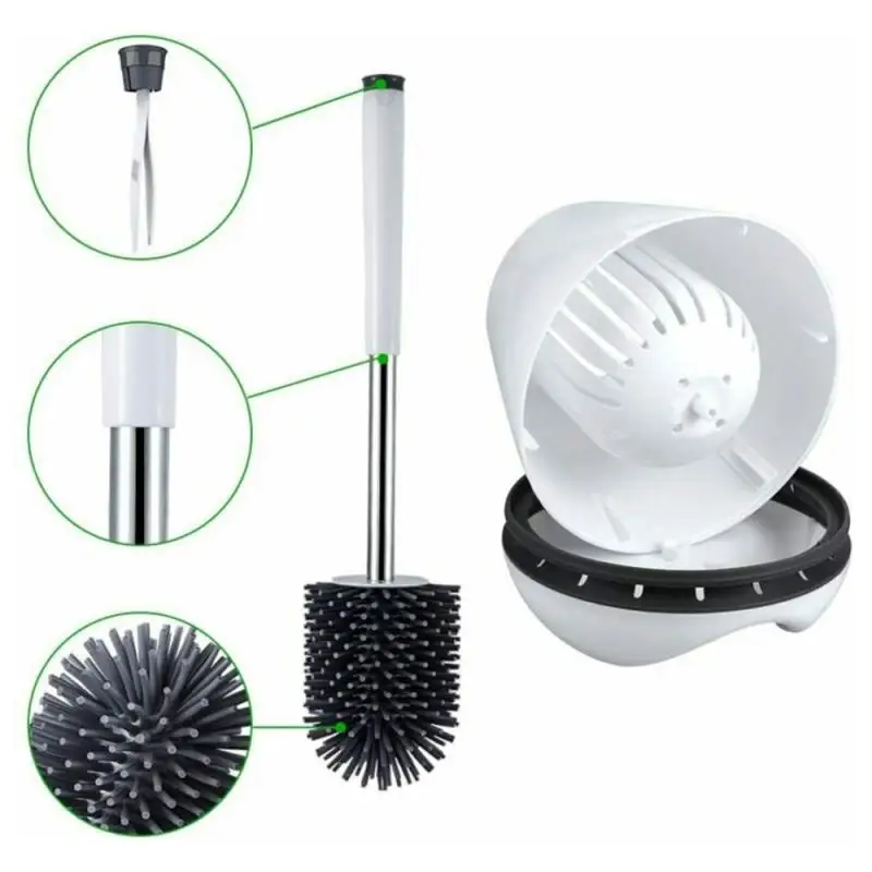 

Toilet Brush Water Leak Proof With Base Silicone Wc Flat Head Flexible Soft Bristles Brush With Stainless Steel Long Handle Set