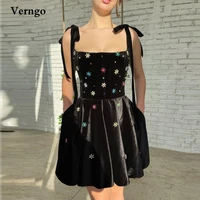 verngo black velvet crystal short prom dresses strapless bow tied shoulder above knee length cocktail party dress with pockets