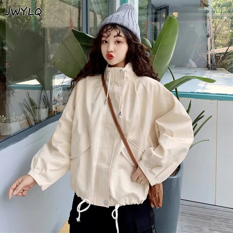 

Solid Color Basic Tooling Coat Korean All-match Drawstring Stand-up Collar Preppy Style Women Clothing New Zipper Buckle Jackets