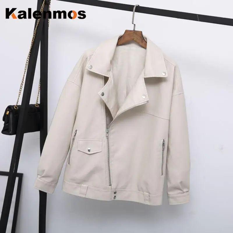 

KALENMOS PU Leather Jackets Women Faux Suede Spring Autumn Slim Fit Korea Harajuku Work Biker Punk Outwear Motorcycle Chic Coat