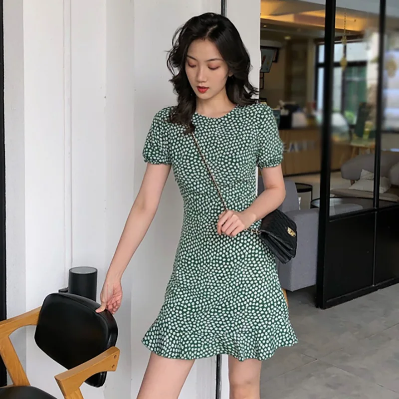 

Women Ruffle Short Sleeve Mini Dress Summer O Neck Chiffon Dresses Casual Floral Print Boho Beach Dress