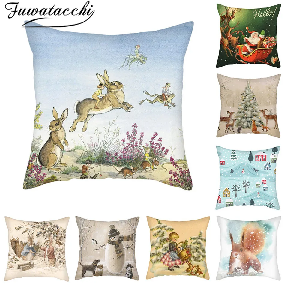 

Fuwatacchi Santa Claus Pattern Cushion Cover Christmas Tree Elk Cartoon Pillow Cover Home Sofa Car Decor Throw Pillowcase