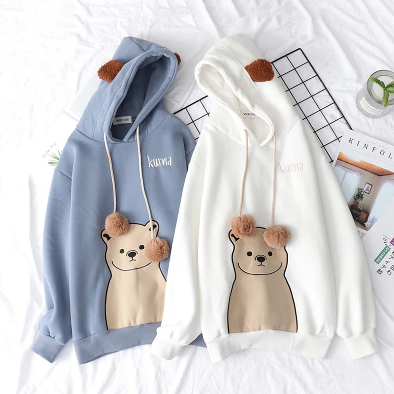 

Толстовка с капюшоном Harajuku Kawaii Bear Ear, свободные толстовки с длинным рукавом, Вельветовая Толстая Повседневная Толстовка, женская одежда, пуловер