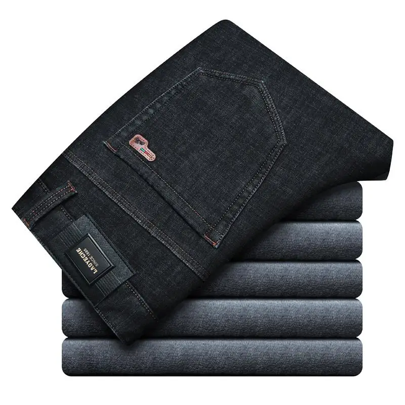 Brand Winter New Men's Warm Fleece Jeans Business Casual Elasticity Thick Slim Denim Pants Brand Trousers Black Blue - Цвет: Black 891
