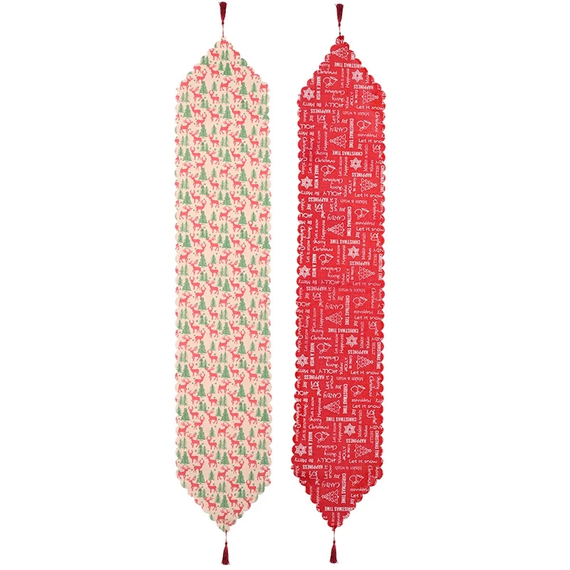 

ABSF Christmas Linen Printed Table Runner with Tassel Snowflake Elk Tablecloth Table Layout Placemat Decoration