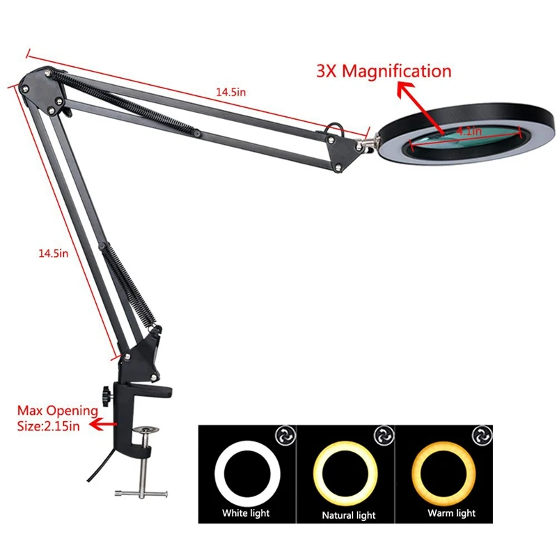 Светодиодный светильник с зажимом регулируемой яркой лупой 3 цветными режимами