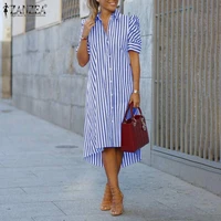 zanzea fashion shirt dress 2021 summer striped print robe womens lapel a line vestidos casual short sleeve knee dresses oversize