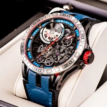 OBLVLO New Designer Sport Watch For Men Blue Skeleton Dial Steel Automatic Self-Wind Watches Rubber 