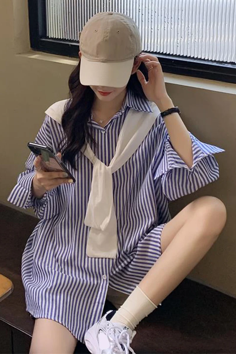 

GOOHOJIO Long Sleeve tops Women Casual tops Shirts striped Blouses shawl Suits Loose shirts tops blouses women turn-down collar