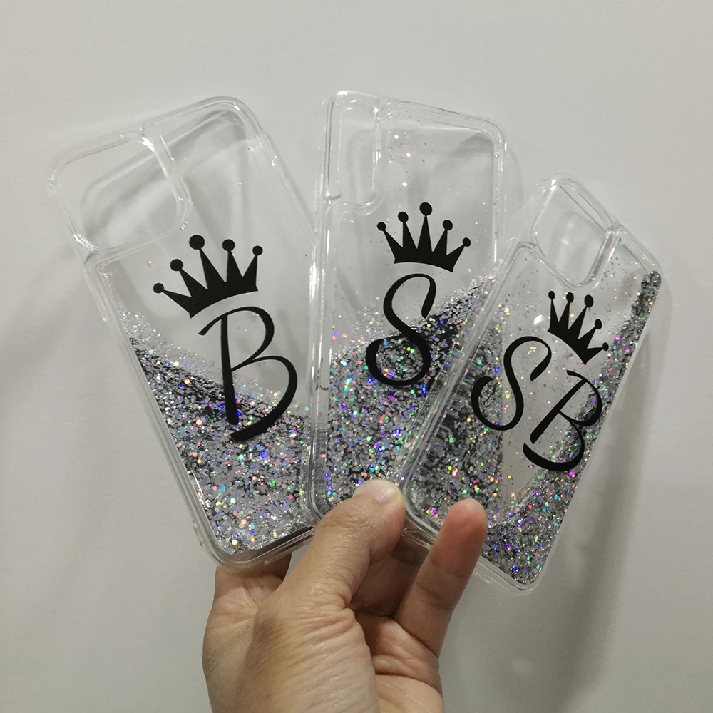 

For Samsung A91 A81 A71 A51 A41 A31 A21 A21S A11 A01 Core Case Soft Cover Custom Initials Name Glitter Water Liquid Phone Case