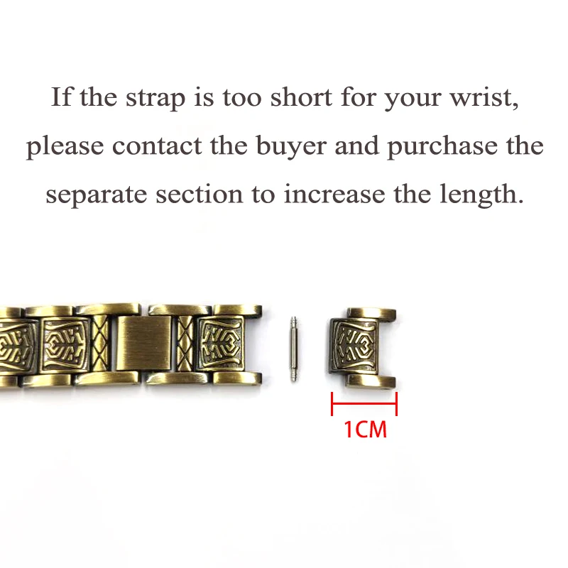 

If the strap is too short for your wrist, please contact the buyer and purchase the separate section to increase the length.