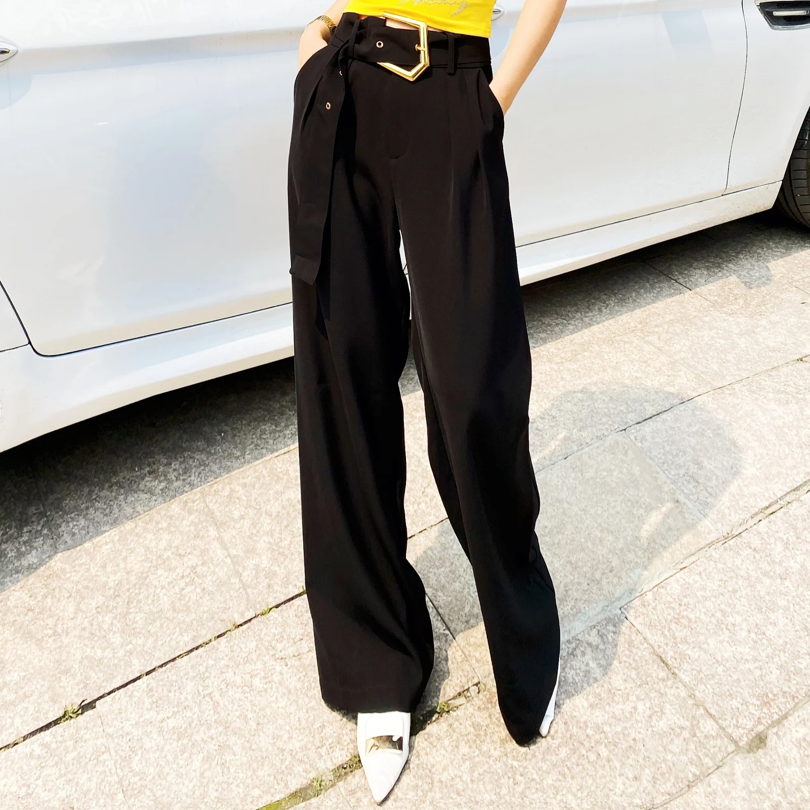 Genuine 2021 spring new white wide leg pants women's high waist drop feeling loose and slim straight pants