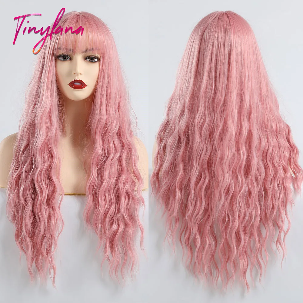 

TINY LANA Light Blonde Wigs with Full Bangs Long Deep Wave Synthetic Wigs for Black&White Women Cosplay Party Use Heat Resistant