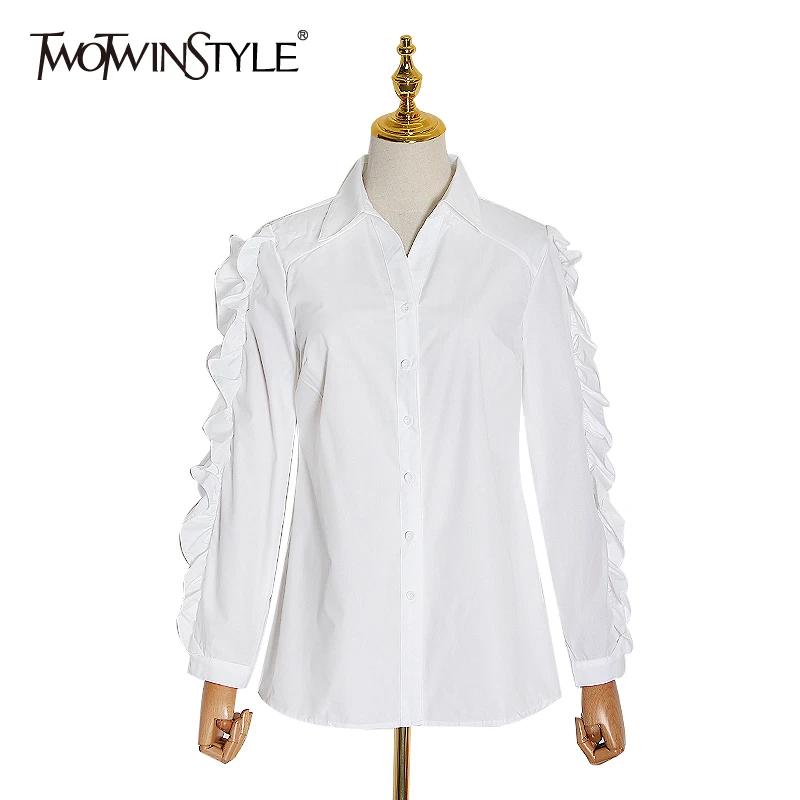 Женская блузка с оборками TWOTWINSTYLE Весенняя отложным воротником и длинным рукавом