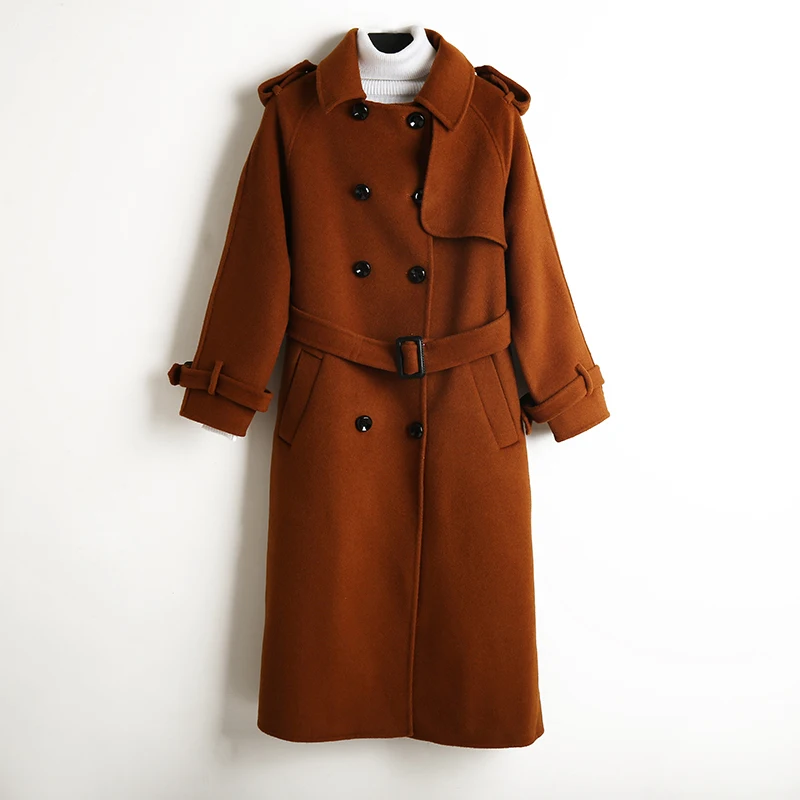 ALKMENE winter new double-faced cashmere coat women's long coat double-breasted woolen coat female cashmere coat - Цвет: Коричневый